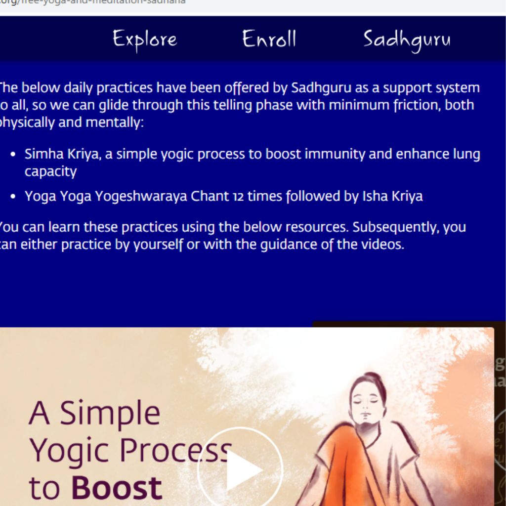 screenshot from the Inner Engineering.com website offering free yoga practices